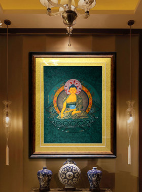 上行道手绘唐卡佛像释迦牟尼佛蓝卡三宝佛客厅玄关装饰画人物挂画