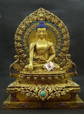 上行道摆件佛像释迦牟尼佛阿弥陀佛药师佛三宝佛紫铜手工鎏金雕花