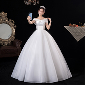 缎面婚纱2026新款 宫廷简约仙气出门纱齐地 气质新娘结婚一字肩法式