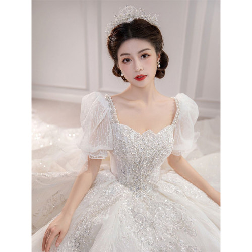 法式大拖尾泡泡袖星光婚纱礼服