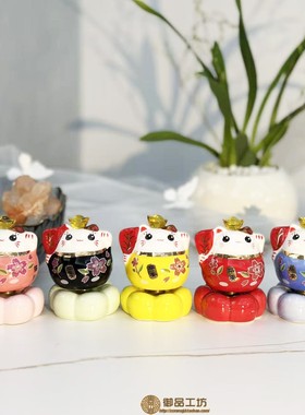 陶瓷招财猫旋转摆件发财猫转转乐玩具礼品工艺品摆件