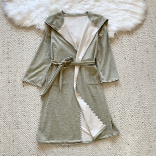 羊毛蚕丝高级感连帽条纹边设计简约风家居服 睡袍女秋冬季 新款 法式