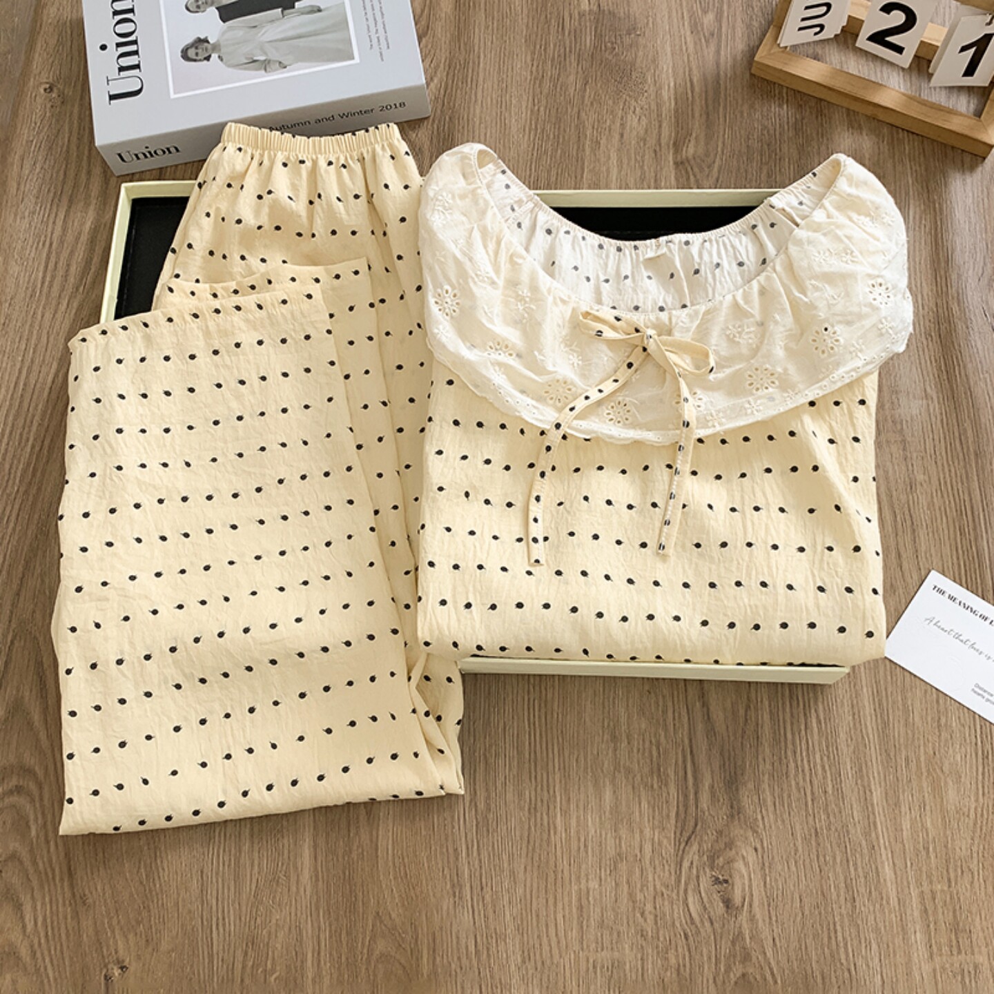 云朵棉蕾丝边娃娃领睡衣女春秋冬季套头长袖波点印花两件套家居服