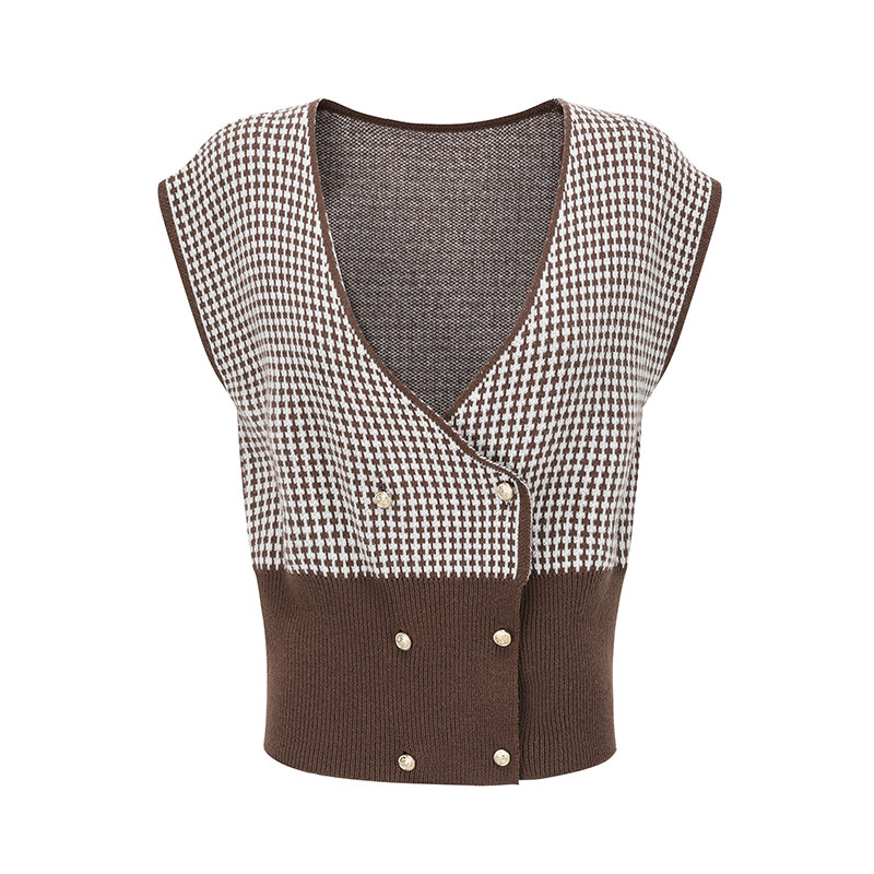 it michaa22秋上新 100羊毛针织格纹V领针织背心马甲ITM9KPO179W