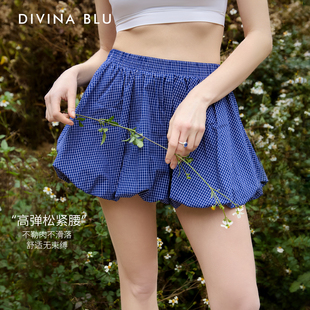 BLU迪唯纳蓝色格纹花苞短裙女高腰蓬蓬裙百搭显瘦半身裙 DIVINA