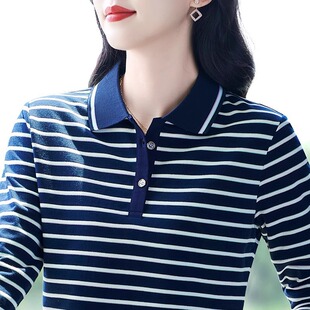棉95氨纶5 春秋上衣女士纯棉polo衫 新款 妈妈款 t恤 条纹翻领长袖