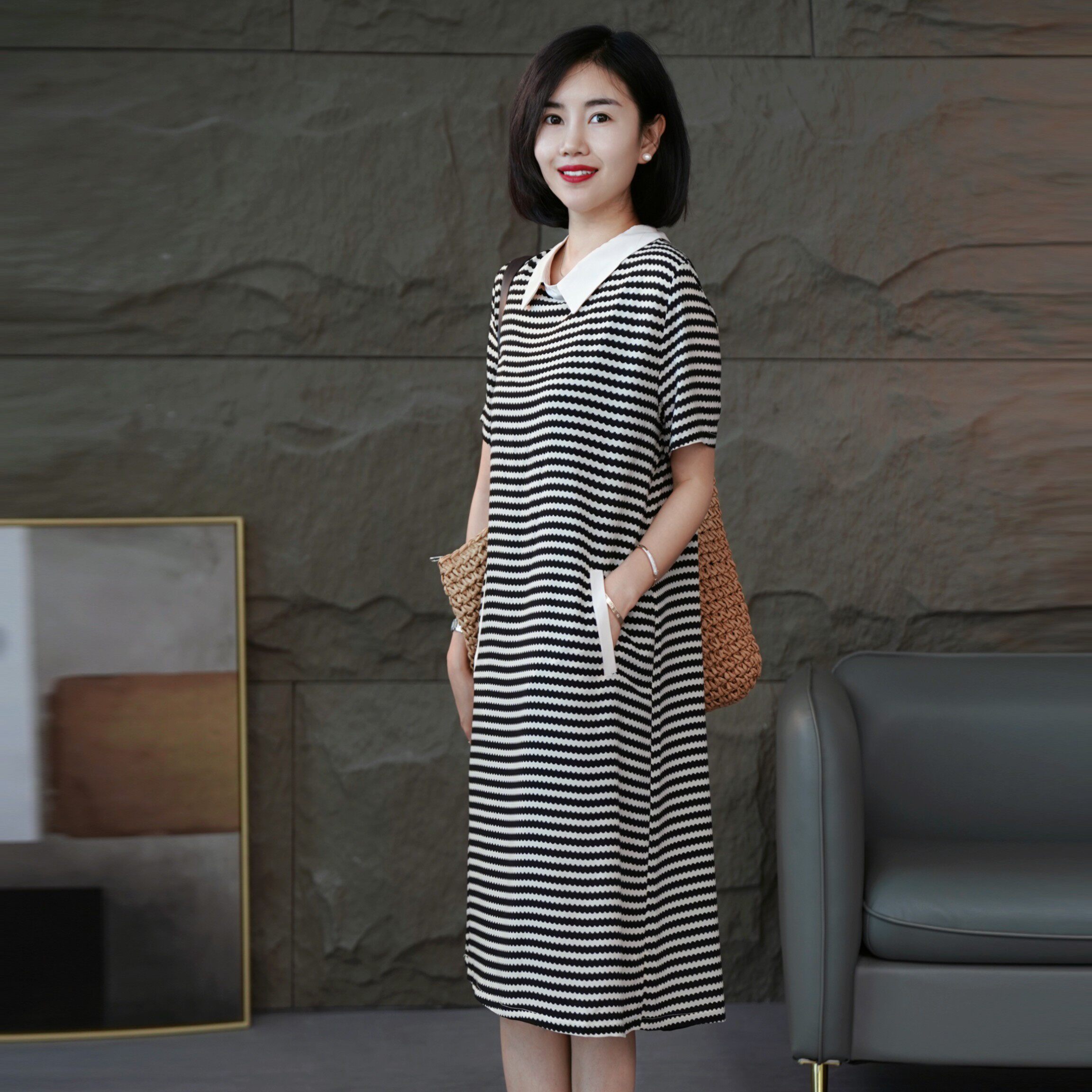 条纹polo领连衣裙女夏季2025新款中长款宽松休闲直筒短袖t恤长裙