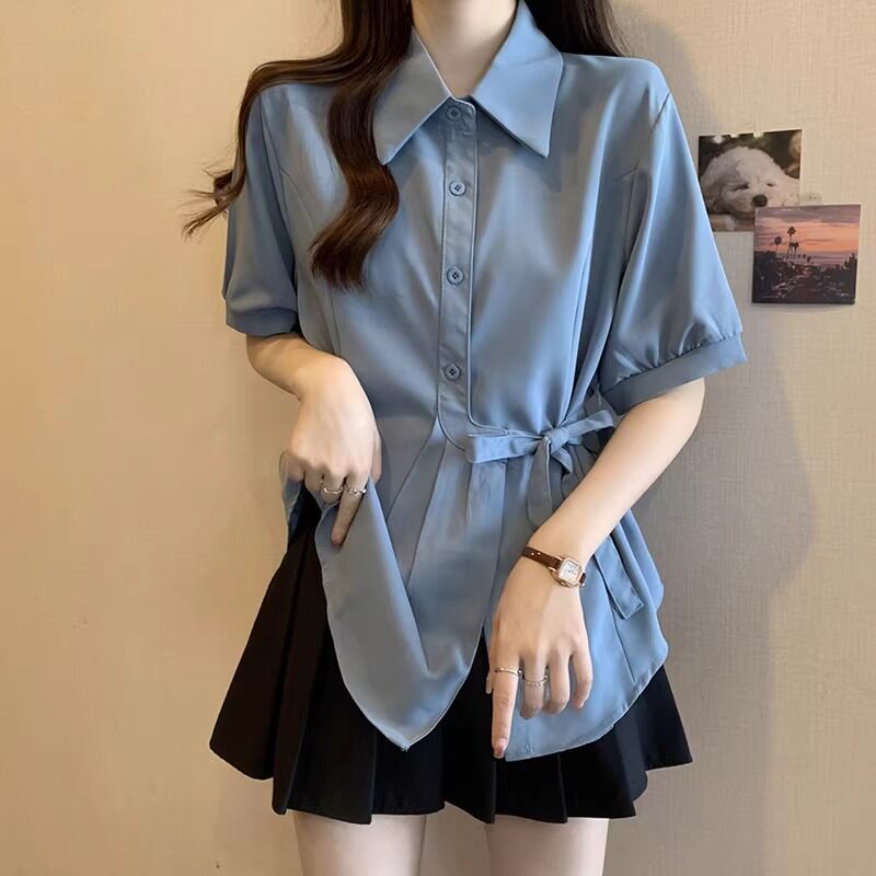 法式短袖雪纺衬衫女夏季2026新款设计感小众收腰宽松显瘦气质上衣