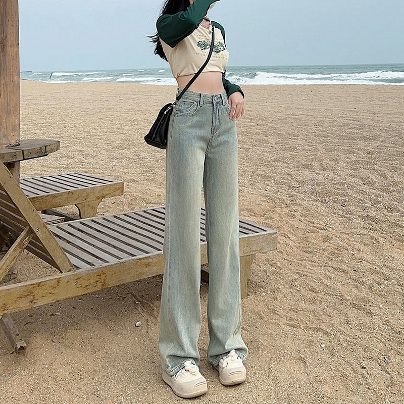 复古蓝牛仔裤女夏季薄款2024新款高腰垂感宽松窄版直筒阔腿拖地裤