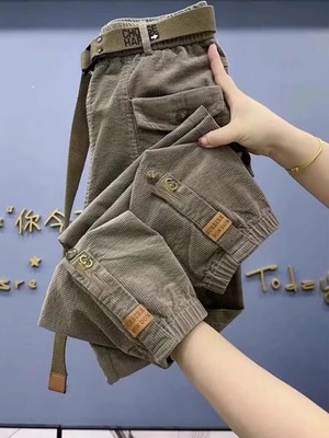 灯芯绒工装裤女秋冬2025新款加绒加厚高腰宽松阔腿休闲 束脚哈伦