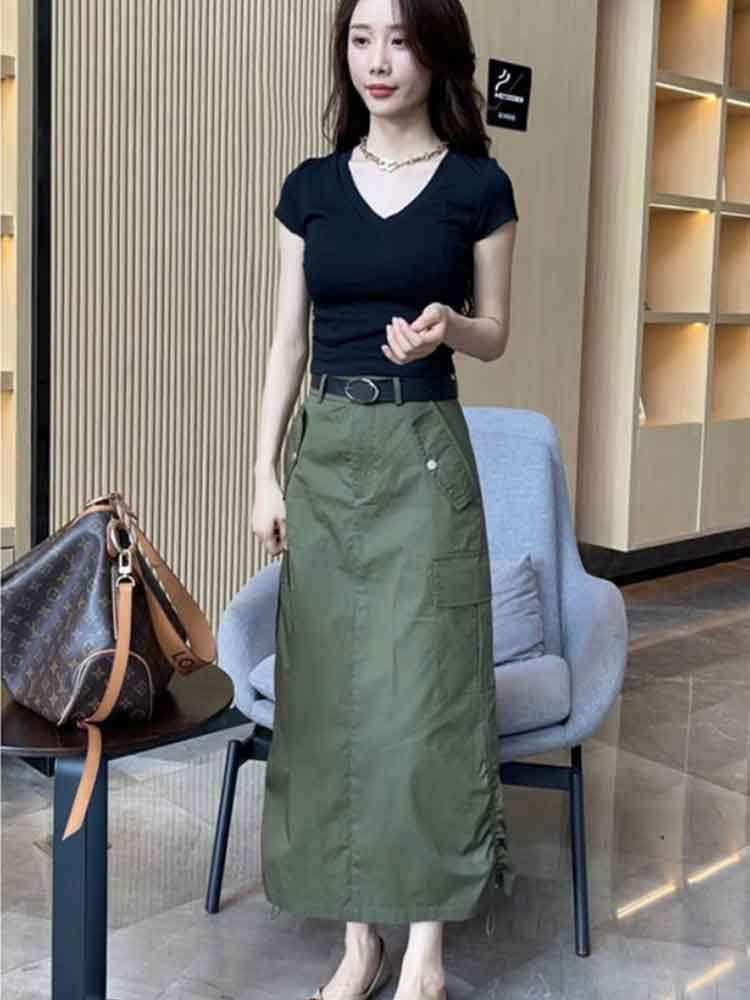 军绿色美式复古工装半身裙女春秋半身裙