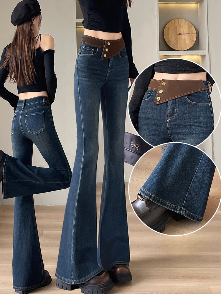 微喇牛仔裤女春秋2025年新款设计感高腰修身显瘦小个子阔腿喇叭裤