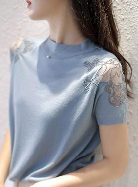 GG。冰丝针织衫短袖t恤女夏季2024新款法式气质减龄刺绣镂空打底