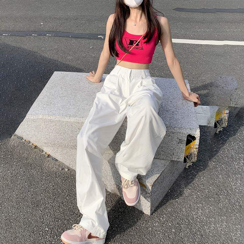 美式白色工装裤女夏季薄款2025新款高腰直筒阔腿裤宽松休闲运动裤