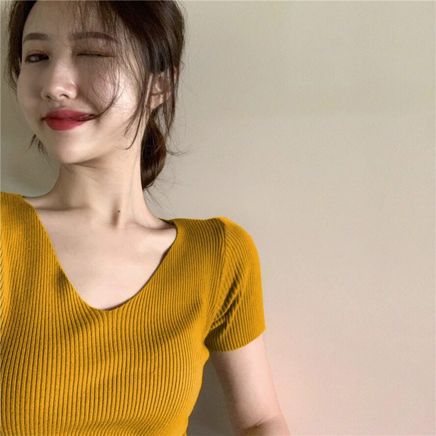 v领针织衫短袖t恤女夏季2026年新款韩版洋气修身显瘦冰丝短款上衣