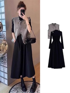 小香风套装裙女春秋2025新款高级感气质名媛马甲长袖连衣裙两件套