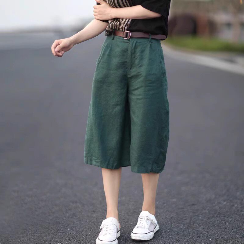 棉麻阔腿裤女夏季薄款2025新款小个子高腰显瘦亚麻短裤休闲七分裤