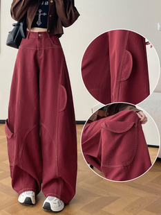 工装裤女酷飒风秋冬2025新款宽松高腰慵懒风美式红色弯刀牛仔裤子