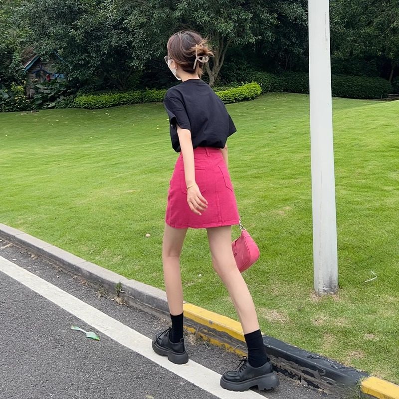 玫红色牛仔短裙女夏季薄款2025新款高腰显瘦小个子半裙a字包臀裙