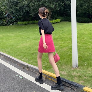 玫红色牛仔短裙女夏季 高腰显瘦小个子半裙a字包臀裙 薄款 2025新款