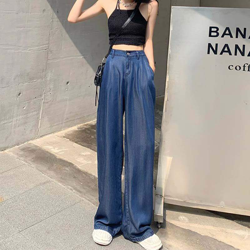 天丝牛仔裤女夏季薄款2024新款高腰垂感宽松直筒小个子冰丝阔腿裤