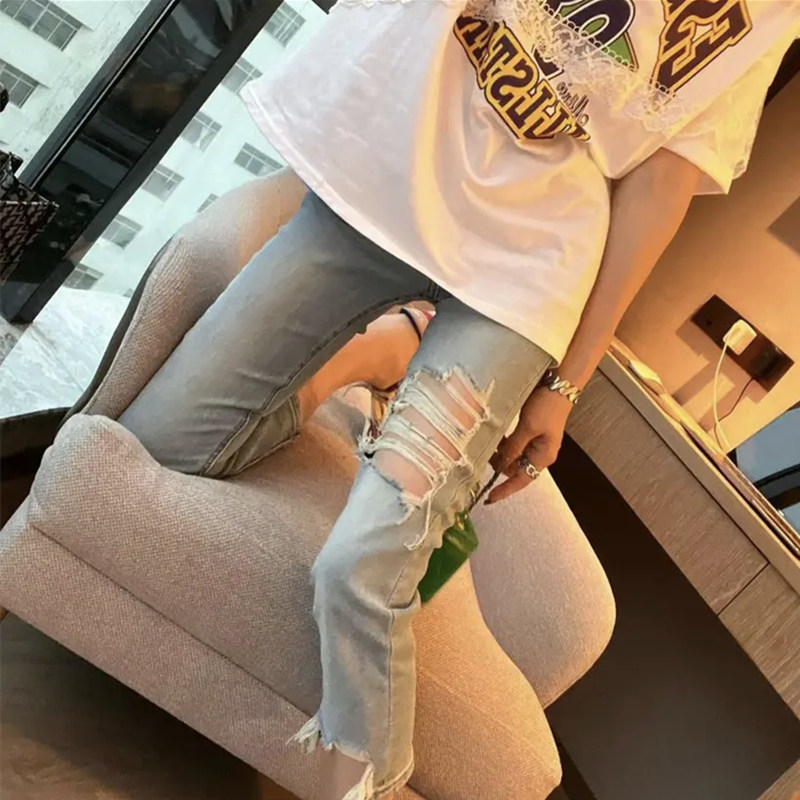 破洞直筒牛仔裤女夏季薄款2025新款小个子高腰显瘦八分弹力烟管裤
