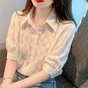 设计感小众七分袖 polo领雪纺衬衫 2025新款 女短袖 休闲宽松上衣 夏季