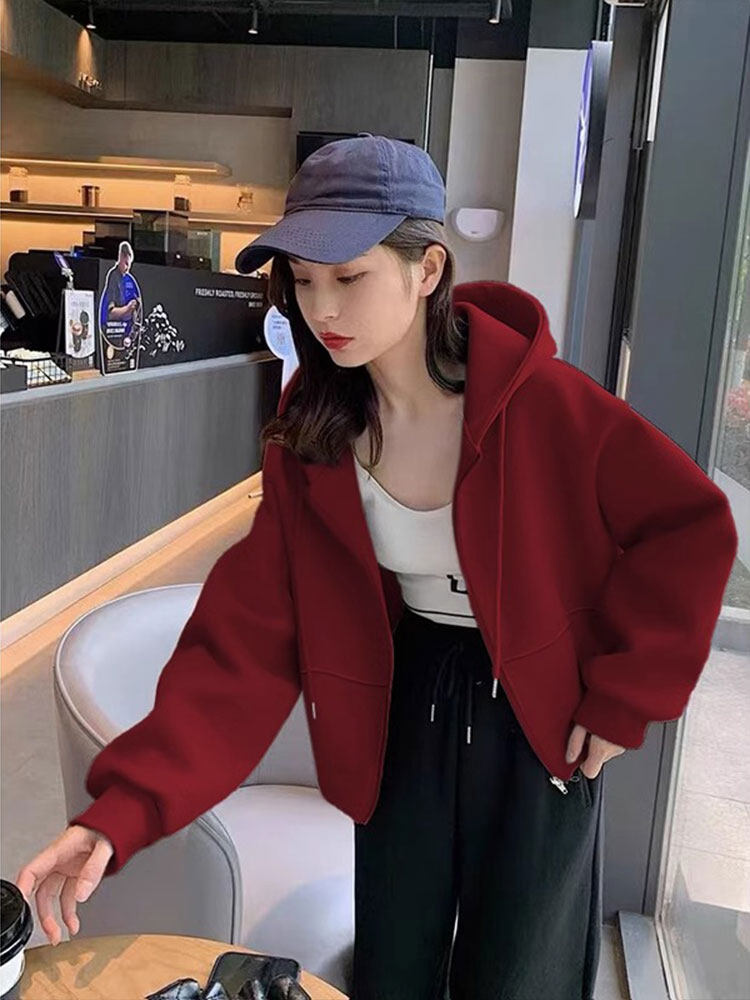酒红色卫衣女春秋季2025新款爆款小个子连帽拉炼休闲开衫短款外套