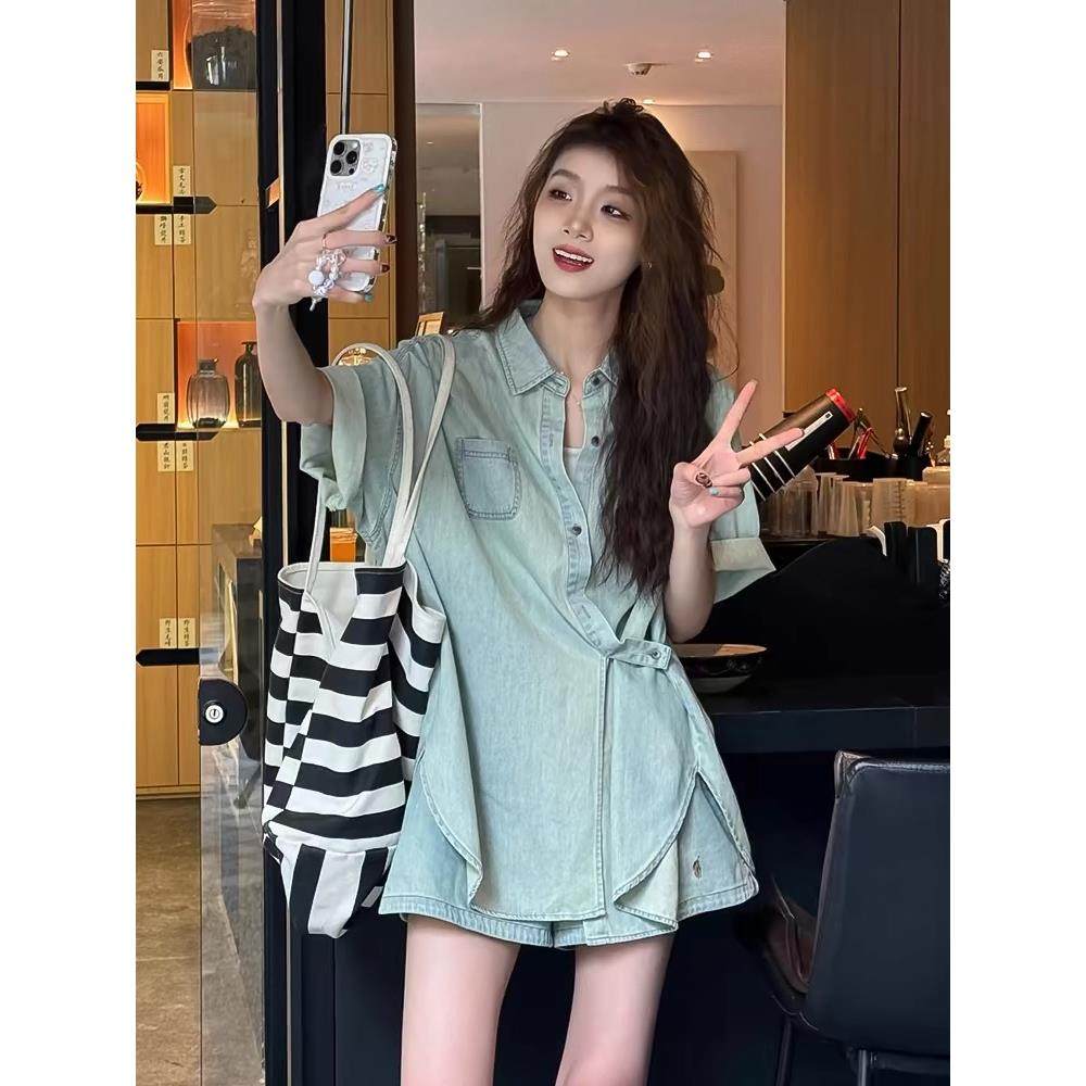 牛仔套装女夏季薄款2025年新款高级感气质时尚减龄短袖短裤两件套