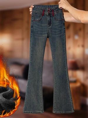 微喇牛仔裤女秋冬2025新款高腰修身显瘦小个子加绒加厚阔腿喇叭裤