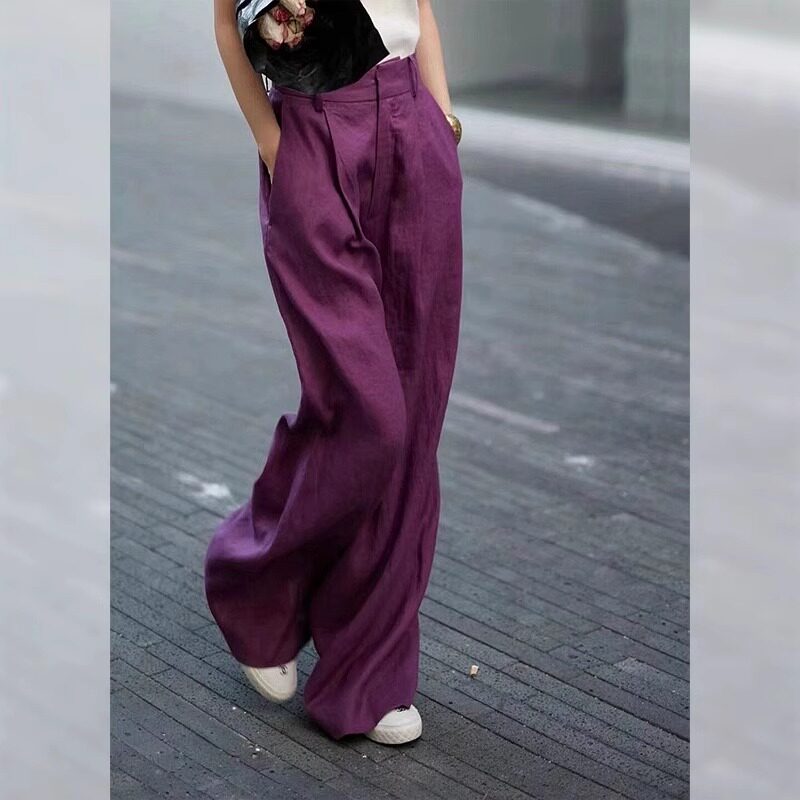 紫色棉麻西装裤女夏季薄款2026新款高腰显瘦小个子拖地休闲宽裤