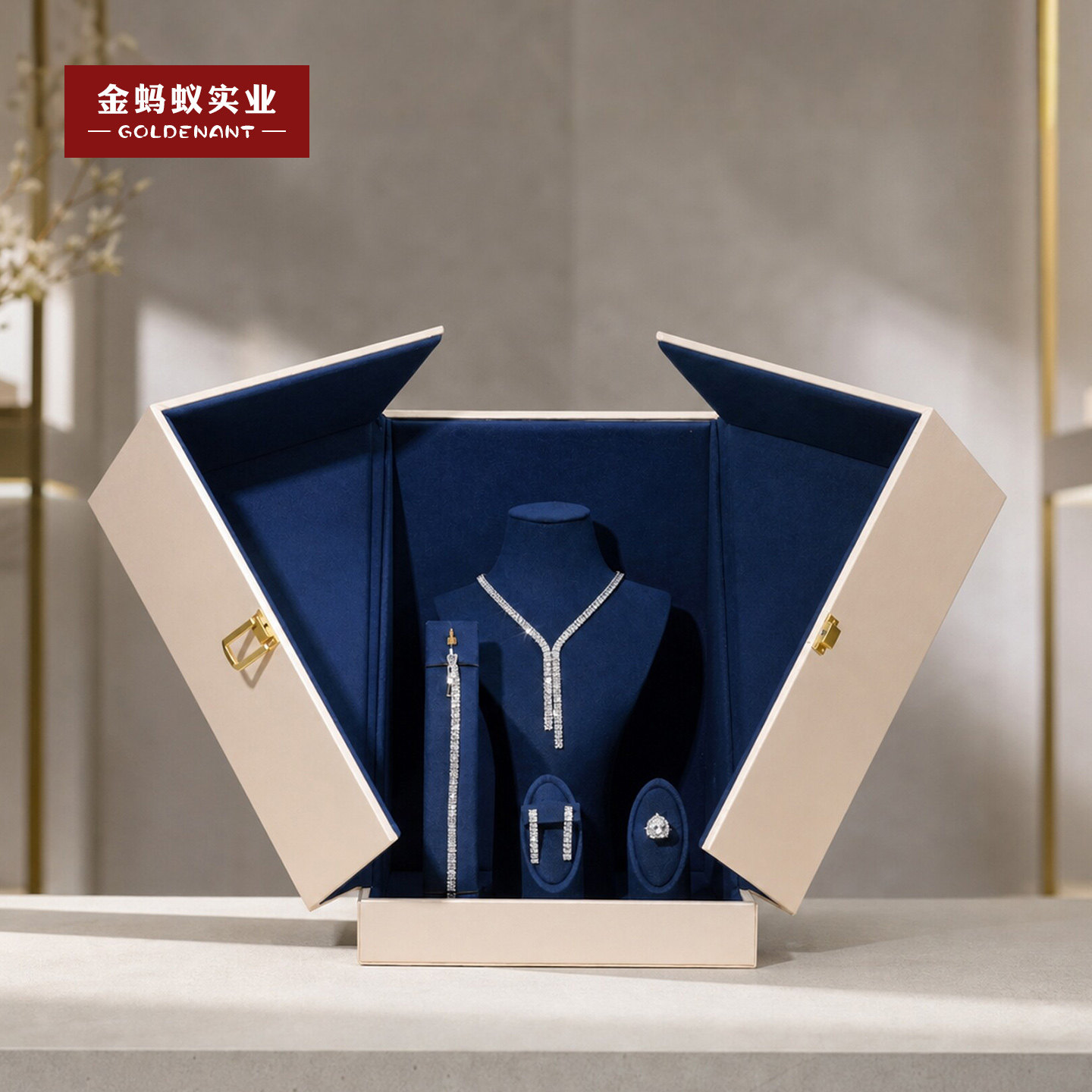 轻奢双开珠宝展示箱拉丝皮珠宝展厅展示道具项链戒指手链陈列箱