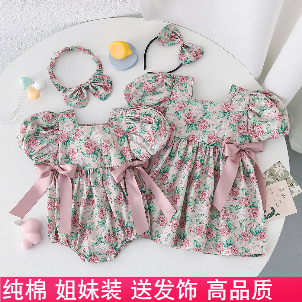 女宝宝夏玫瑰连衣裙纯棉婴儿三角哈衣透气短袖网红姐妹装一大一小