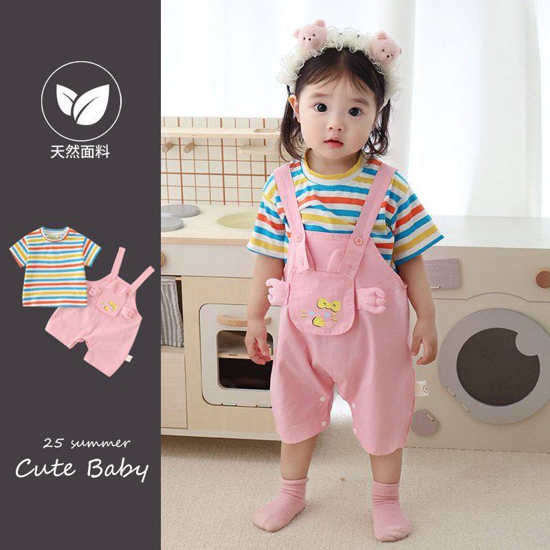 女宝宝背带裤套装1一2岁女童夏装洋气婴幼儿短袖两件套