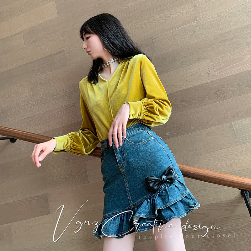 VEGA VESTURE Soft sweets designer bow cowboy Lotus leaf skirt 2021 New Early Springin the Women's clothing/Boutique , Skirts  category - from Buy2taobao.com to provide professional Taobao agent buy service