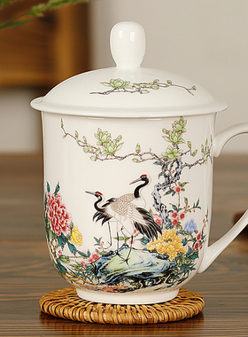 景德镇陶瓷茶杯带盖骨瓷水杯办公室会议杯子酒店公司定制粉彩LOGO