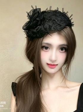 原创夏季黑色蕾丝蝴蝶结小帽子发箍宽边半帽发卡荷叶边发饰韩版女
