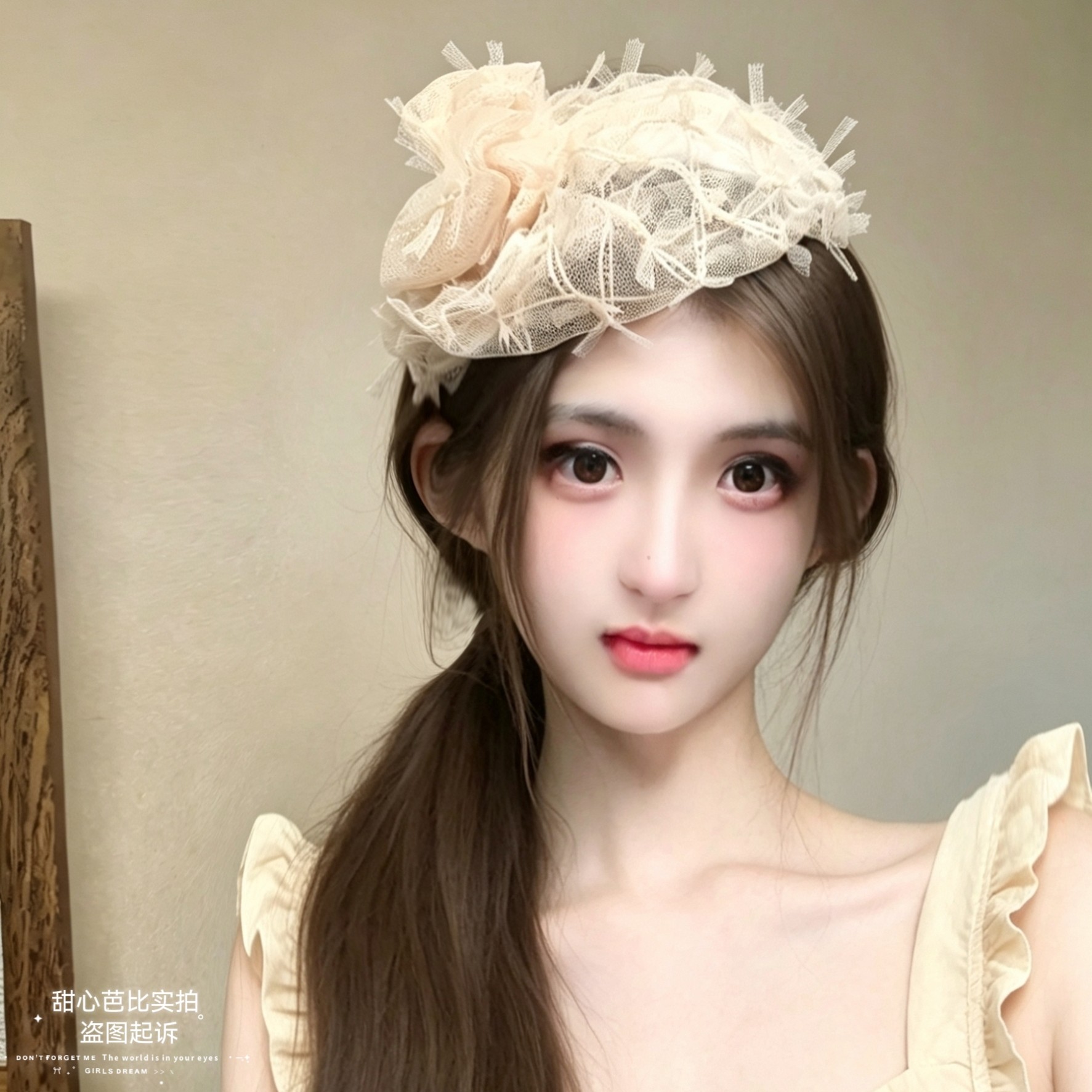 原创春夏季香槟网纱蝴蝶结小帽子发箍宽边发卡荷叶边发饰韩版女