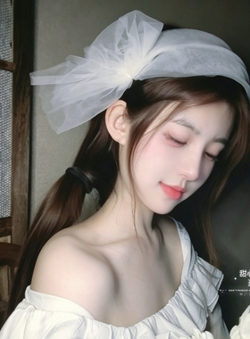 法式超仙 白色网纱蝴蝶结发夹头饰发箍生日头纱新娘结婚造型饰品