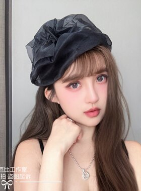 原创法式黑纱透气泡泡纱半帽蝴蝶结小帽子发箍洋气百搭头箍头饰女