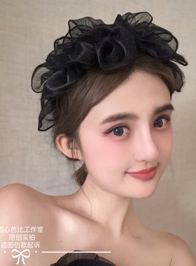 原创法式复古黑色层层网纱大蝴蝶结发箍宽边发卡荷叶边发饰韩版