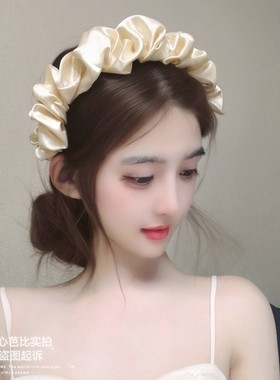 原创春夏米色宽边褶皱增高颅顶发箍女网红时尚超仙头箍百搭发卡女