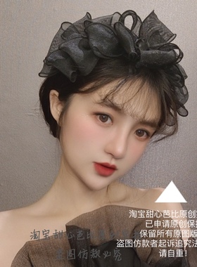 原创法式复古黑色层层网纱大蝴蝶结发箍宽边发卡荷叶边发饰韩版