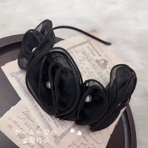 复古法式黑纱珍珠荷叶边褶皱蝴蝶结发箍女简约发卡头箍发饰头饰