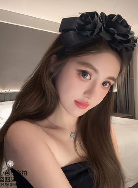 原创法式复古黑色玫瑰大蝴蝶结发箍宽边发卡荷叶边发饰韩版高颅顶