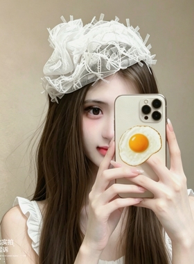 原创夏季仙女白色网纱蝴蝶结小帽子发箍宽边发卡荷叶边发饰韩版女