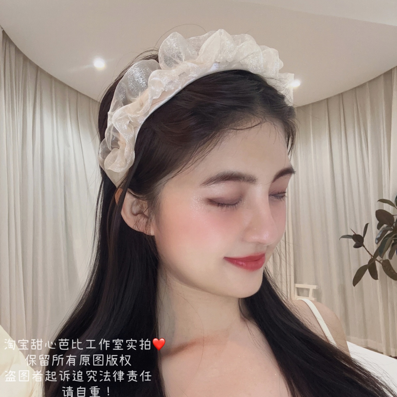 纯欲风～超仙女米色蕾丝网纱荷叶边发箍增高颅顶发饰气质头箍女