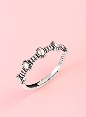 s925纯银复古做旧开口戒指女2024年新款小众设计食指戒可调尾戒子