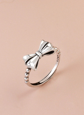 s925纯银复古蝴蝶结开口戒指女ins轻奢个性做旧百搭食指活口指环