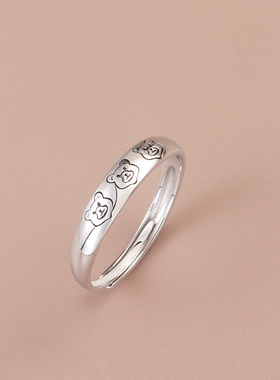 s925纯银卡通小熊开口戒指女简约小众设计百搭食指戒ins潮尾戒子